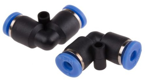 Adapter gwintowany typu kolanko rura – rura, Wciskane 4 mm, Wciskane 4 mm, Żeńskie, Żeńskie, 10 barów