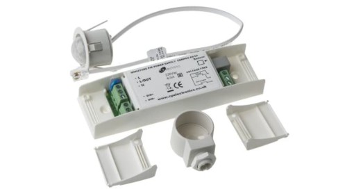 Miniaturowy detektor ruchu PIR, 230 V AC, zasięg 16 m, montaż Sufit, Ø 28mm, Certyfikat CE, EMC-2004/108/WE, zgodność z