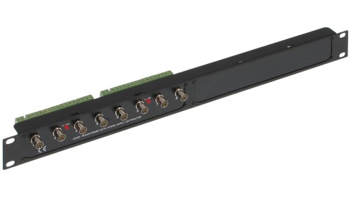 Transformator do przesyłania 8 sygnałów wideo + zasilanie AHD, HD-CVI, HD-TVI, CVBS, 4K UHD po skrętce, Rack 19” TR-8H/DC/R19