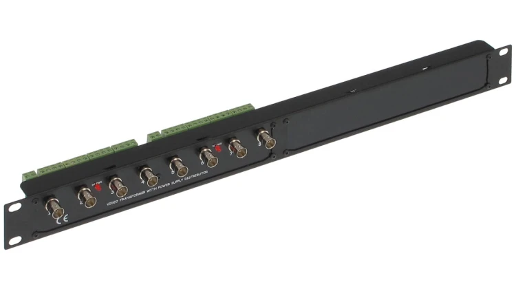 Transformator do przesyłania 8 sygnałów wideo + zasilanie AHD, HD-CVI, HD-TVI, CVBS, 4K UHD po skrętce, Rack 19” TR-8H/DC/R19