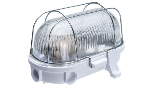 Oprawa kanałowa OVAL-7063NB, E27, 100W, biała-bakelit, klosz przeźroczysty-szkło, IP54, siatka metalowa A1230