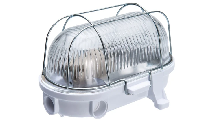 Oprawa kanałowa OVAL-7063NB, E27, 100W, biała-bakelit, klosz przeźroczysty-szkło, IP54, siatka metalowa A1230