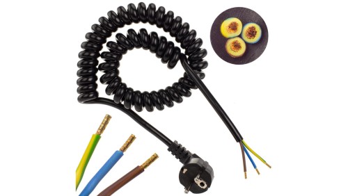 Przewód OMY spiralny H03VVH8-F z wtyczką 3x1,5 0,38m / 2,2m czarny