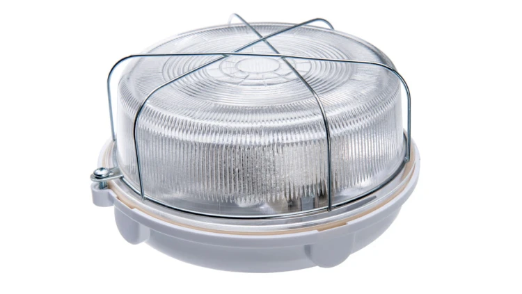 Oprawa SAUNA-7061N, E27, 100W, biała-bakelit, klosz przeźroczysty-szkło, IP54, siatka metalowa A2810