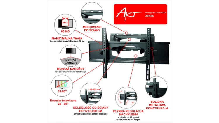 Uchwyt ART AR-65 (narożny, Obrotowy, ścienne, Uchylny - 80 max. 60kg)