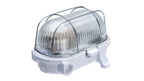 Oprawa kanałowa OVAL-7040B, E27, 60W, biała-bakelit, klosz przeźroczysty-szkło, IP54, siatka metalowa A1160