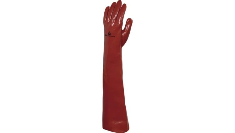 Rękawice chemiczne z PVC na wkładzie z dżerseju całkowicie powlekane wysoka odporność chemiczna dł. 60 cm kolor czerwony rozmiar