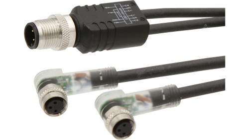 Kabel połączeniowy Y, 0,3 m, 2x M8 żeński (gniazdo) 3-pinowy kątowy, 1x M12 męski (złącze), VK030E82