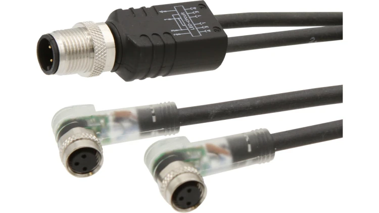 Kabel połączeniowy Y, 0,3 m, 2x M8 żeński (gniazdo) 3-pinowy kątowy, 1x M12 męski (złącze), VK030E82