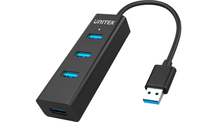 UNITEK Hub USB 3.0 A aktywny (BC1.2) na 4 porty USB A + gniazdo USB micro-B do zasilania czarny na kablu 0,3m