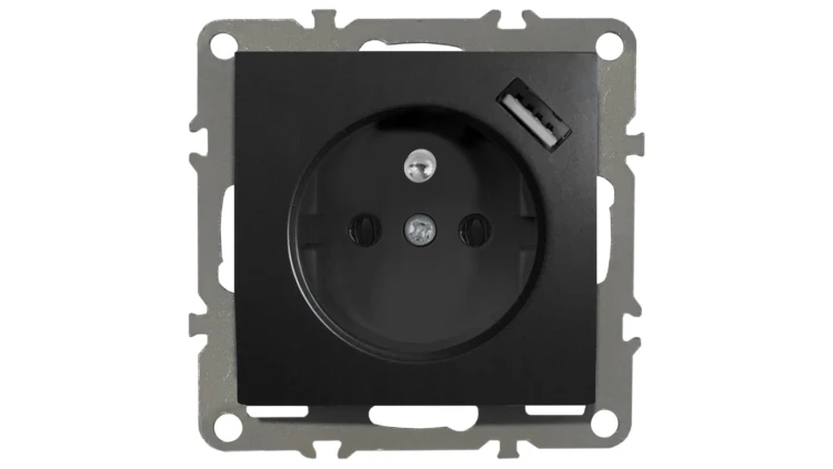 QUADRA GNIAZDKO Z BOLCEM, USB CZARNE DO RAMEK 230V