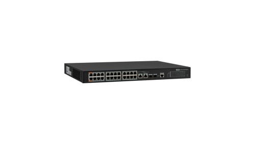 26 portowy zarządzalny Switch (PoE), 24 portów PoE 100Mbps, 2 porty RJ45 uplink Gigabit, 2 porty światłowodowe SFP Gigabit