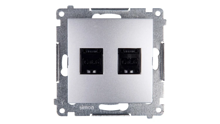 Simon 54 Gniazdo komputerowe podwójne 2xRJ45 kat.6 z przesłoną srebrny mat D62.01/43