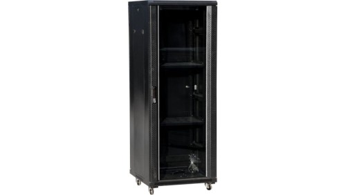 Szafa teleinformatyczna rack 19 cali 32U 600x800, drzwi szklane, kolor czarny FLAT PACK