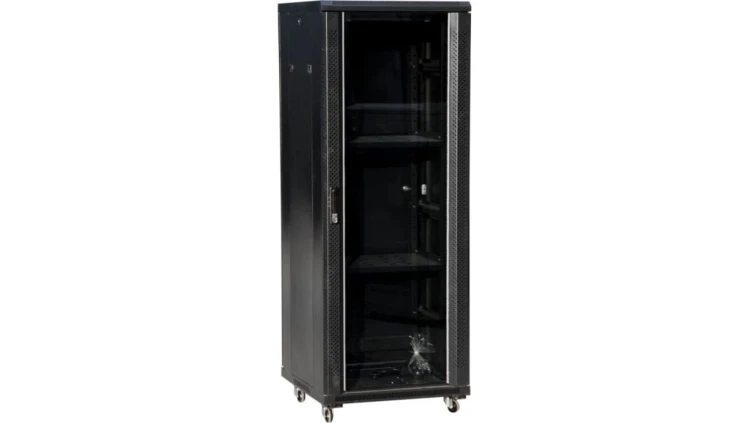 Szafa teleinformatyczna rack 19 cali 32U 600x800, drzwi szklane, kolor czarny FLAT PACK