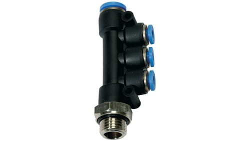 Rozdzielacz pneumatyczny wtykowy z trzema odejściami G 3/8 GZ, 4x6 mm, tworzywo sztuczne