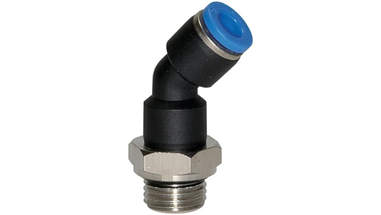 Złączka pneumatyczna wtykowa kątowa 45 G 1/8 GZ do węża fi 12 mm, tworzywo sztuczne