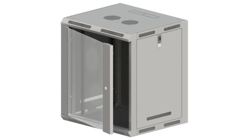 Szafa rack wisząca 19 cali 15U 600x500, niedzielona, drzwi szklane, kolor szary FLAT PACK