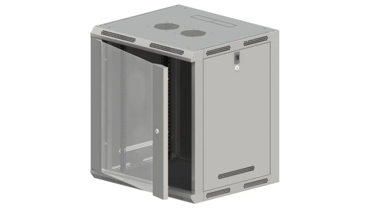 Szafa rack wisząca 19 cali 15U 600x500, niedzielona, drzwi szklane, kolor szary FLAT PACK