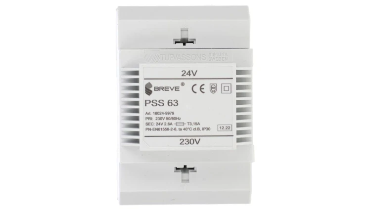 Transformator 1-fazowy modułowy bezpieczeństwa PSS 63 230/ 24V 2,6A, na szynę DIN, IP30, Ta 40, 16024-9979