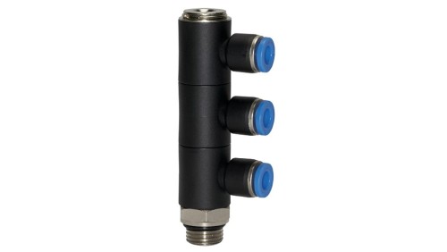 Złączka wtykowa potrójna typu banjo G 3/8 GZ do węża fi 6 mm, tworzywo sztuczne