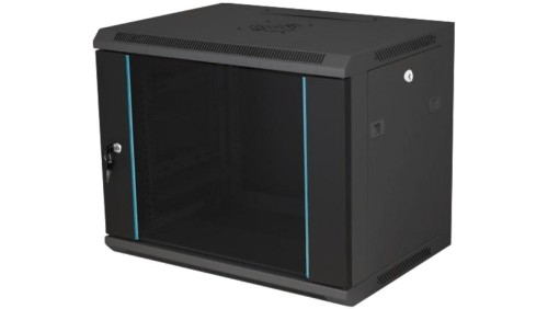 Szafka rack wisząca 19 15U 600x450, drzwi szklane, kolor czarny FLAT PACK