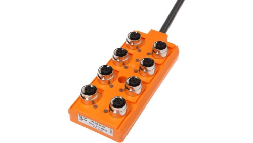 VK001003, rozdzielacz, 30x127x54mm, 10-30V DC, 8x M12, 4pin, IP67, TPU, Gniazdo czujnika/siłownika z przewodem uziemiającym, 12A