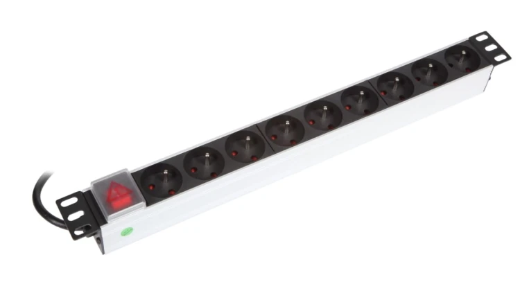 Listwa zasilająca aluminiowa 19 1U, 9xNF C61-314 standard PL, FR, wtyk DIN 49441 unischuko 16A/250V, 3680W, wyłącznik podświetla