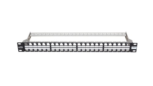 Patch Panel 19 panel krosowy, niewyposażony, modularny na 48xRJ45, ekranowany, 1U, czarny, wymienne pola opisowe 11305116