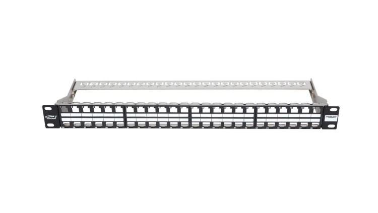 Patch Panel 19 panel krosowy, niewyposażony, modularny na 48xRJ45, ekranowany, 1U, czarny, wymienne pola opisowe 11305116
