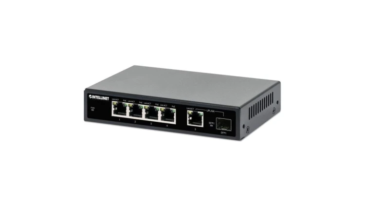 Switch Gigabit 4x RJ45 PoE+, 1x RJ45 Uplink, 1x slot SFP