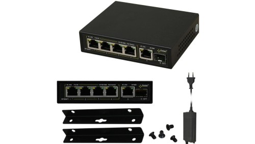 Switch desktop 6x port RJ45 (Gigabit Ethernet, w tym 4x PoE+ i 2x UpLink ) 30W, przełącznik niezarządzalny z zasilaczem