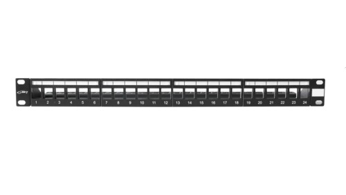 Patch Panel 19 panel krosowy, niewyposażony, modularny na 24xRJ45, ekranowany, 1U, czarny, wymienne pola opisowe 11305113