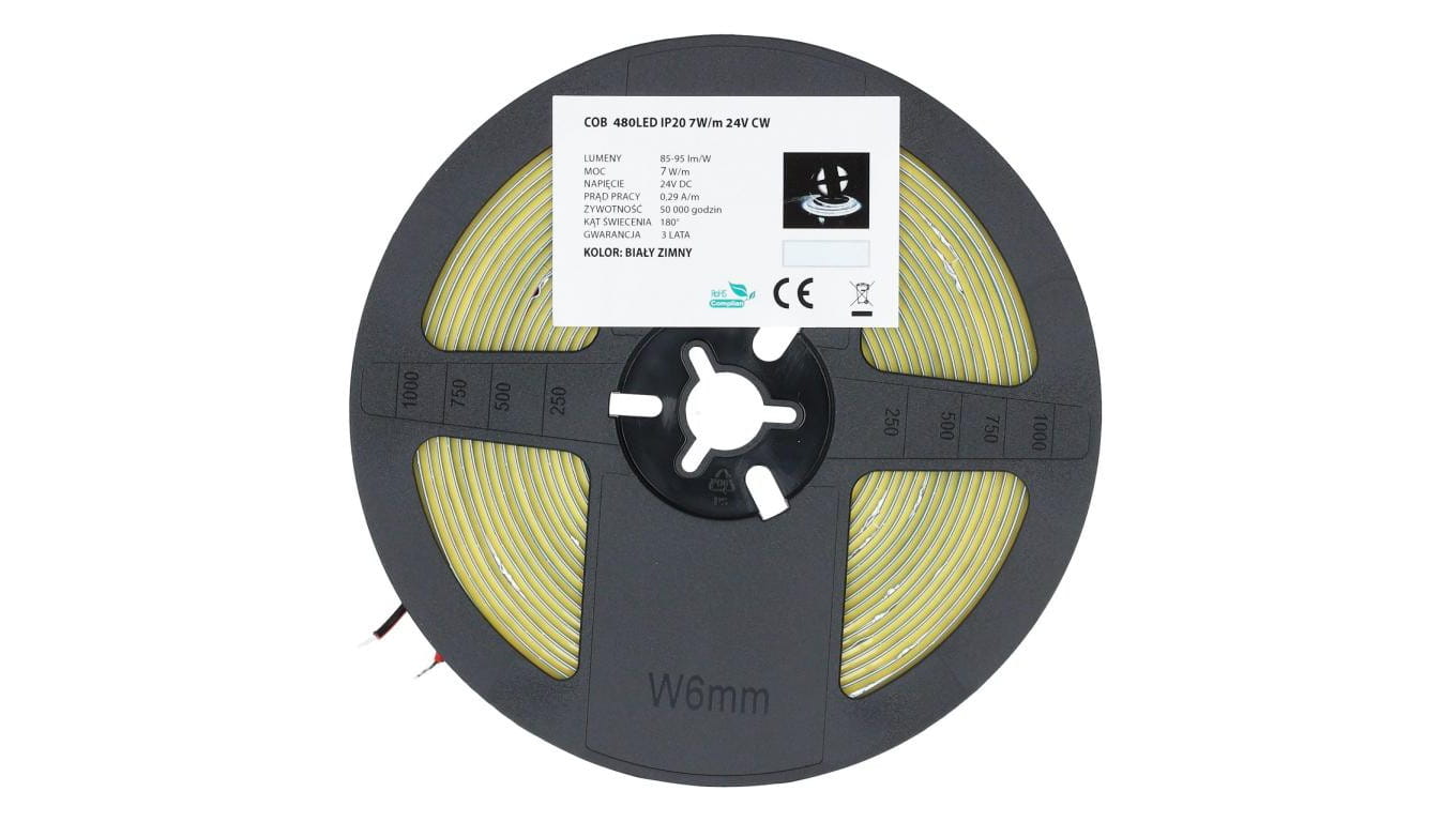 Taśma 480x LED COB 2835 7W/mb biała zimna IP20 24V op=5m