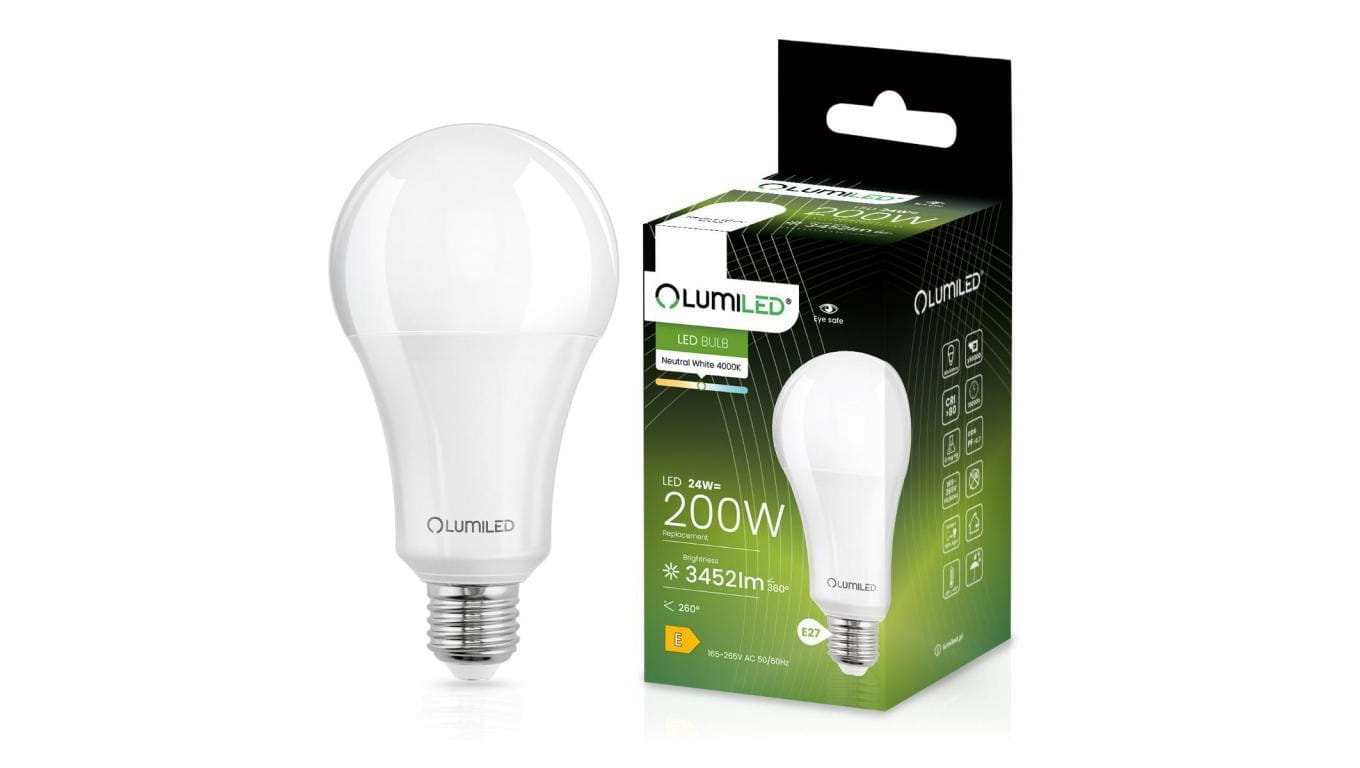 Żarówka LED E27 A80 24W = 200W 3452lm 4000K Neutralna 260 CCD LUMILED