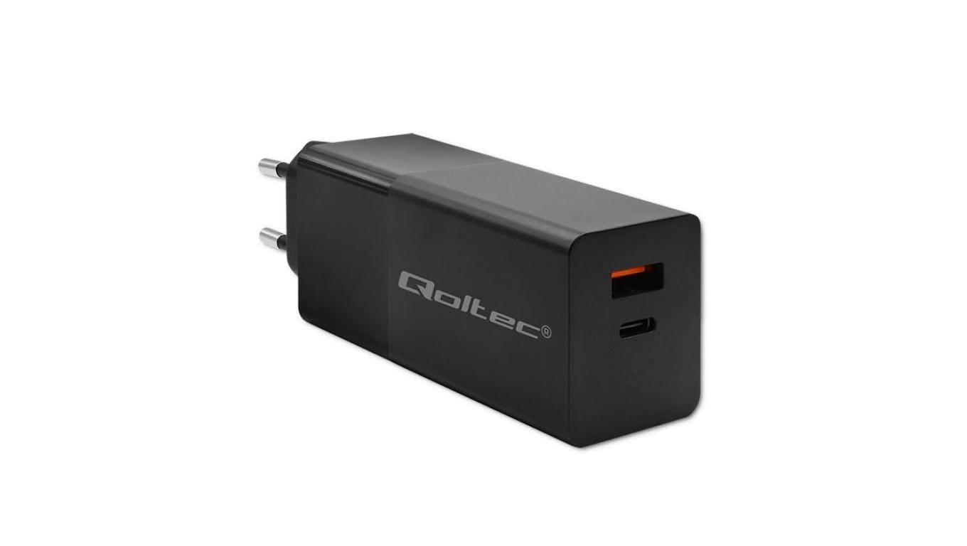Qoltec Ładowarka GaN POWER PRO 1xUSB-C 1xUSB 100W 5-20V 1.5-5A PD Czarna