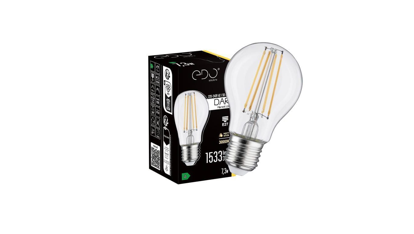 Żarówka dekoracyjna DARI LED Filament 7,3W, E27, 3000K, 1533lm, 230V, CLEAR A60, EDO777711 EDO