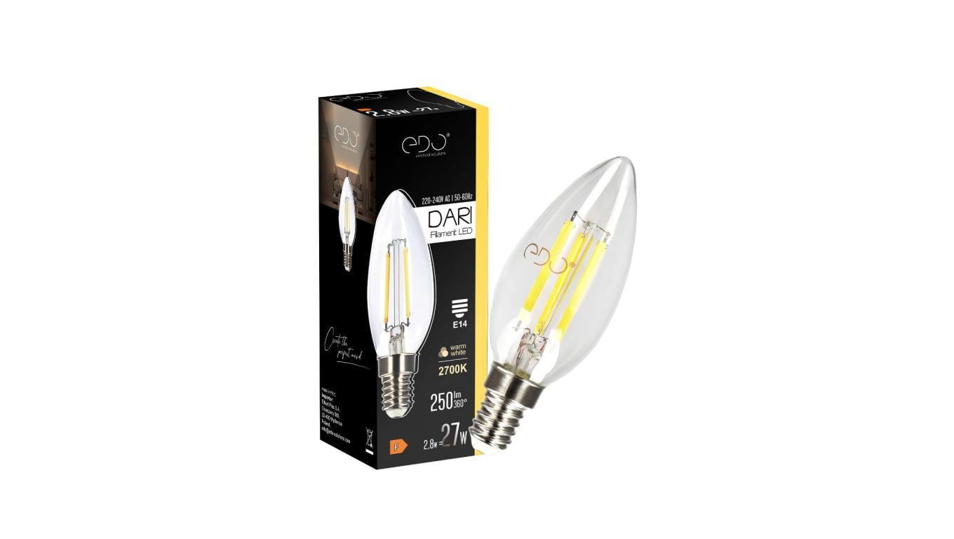 Żarówka dekoracyjna DARI LED Filament 2,8W, E14, 2700K, 250lm, 230V, CLEAR C35, EDO777621 EDO